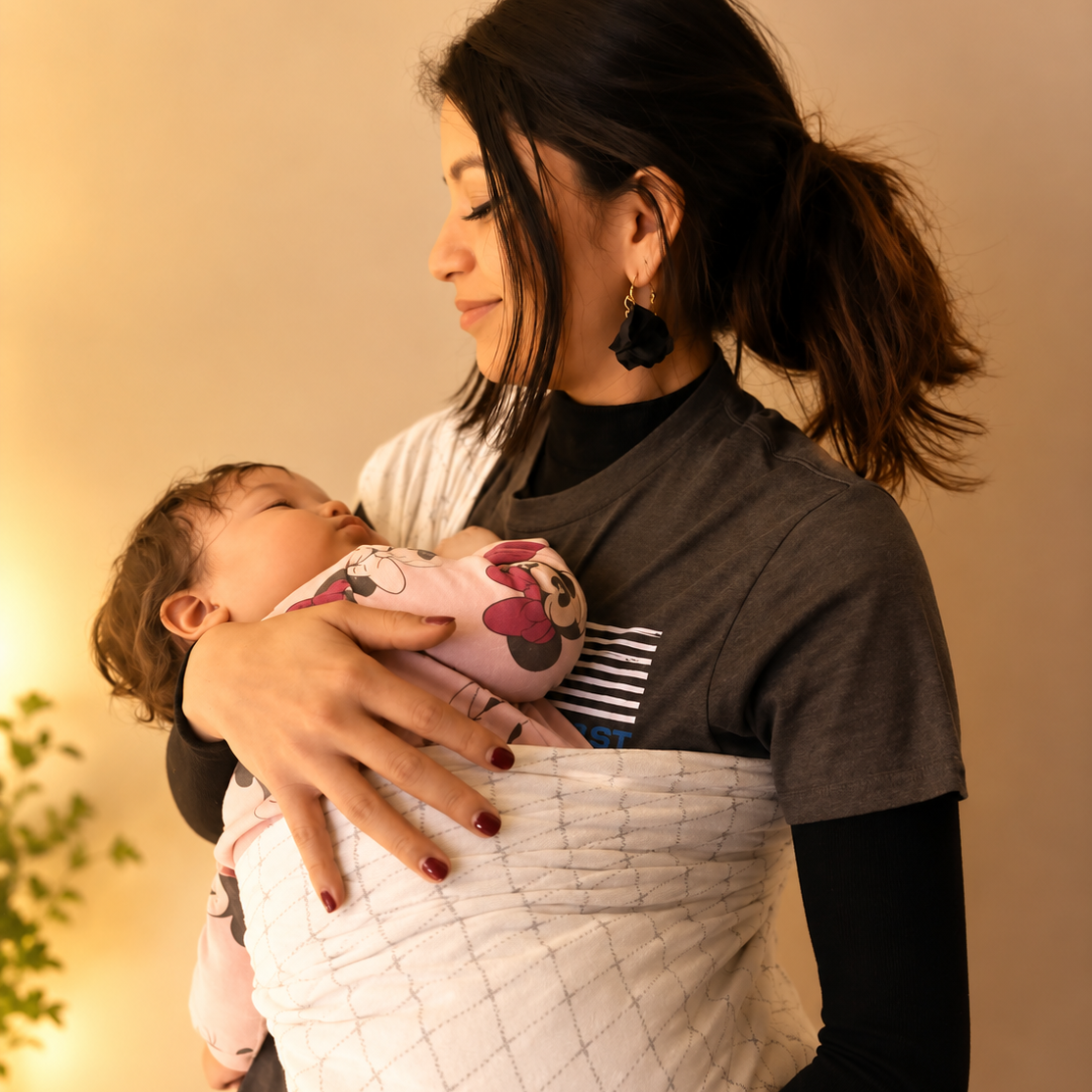 Amgie Gutierrez, IBCLC, cargando a su bebé dormida en ring sling - Consulta Personalizada de Sueño Infantil